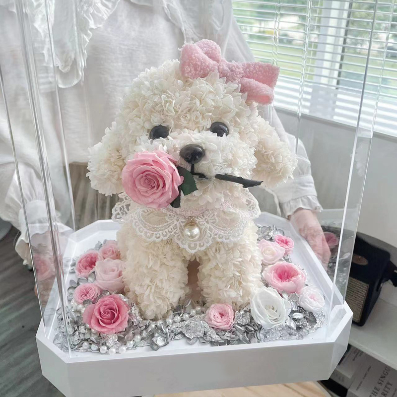 玫瑰泰迪狗（粉玫瑰+白色狗）
