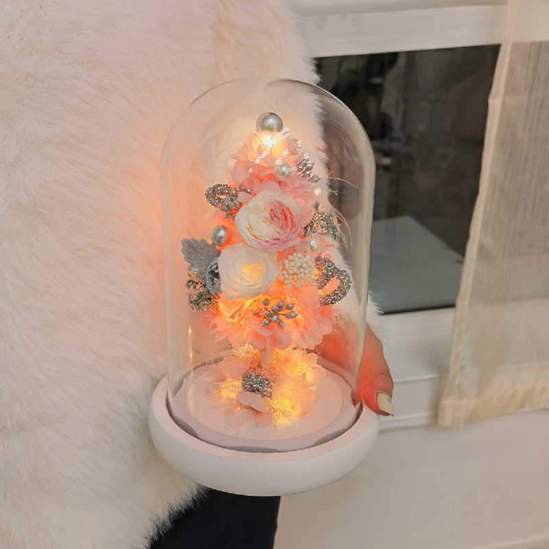 圣诞树夜灯◆永生花玻璃罩（粉色款）
