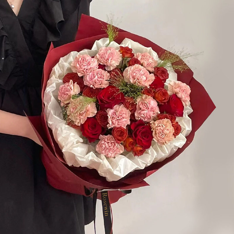 幸福永相伴-12朵粉色康乃馨+9朵红玫瑰混搭